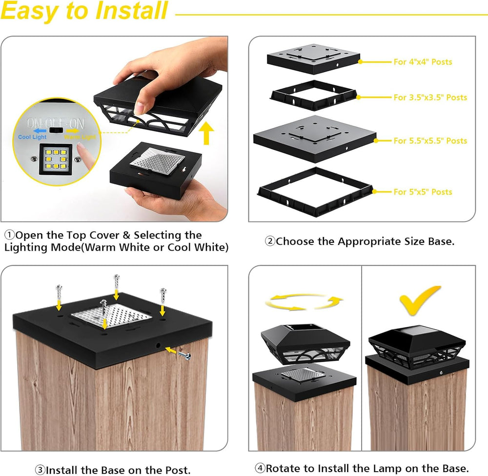 T-SUN 4X4 Solar Fence Post Cap Lights Outdoor Waterproof, Black, 6 Pack