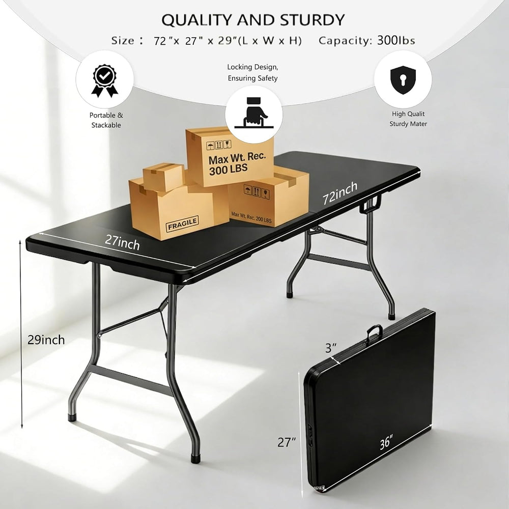 6FT Folding Table, Black Portable HDPE Utility Table with Carry Handle