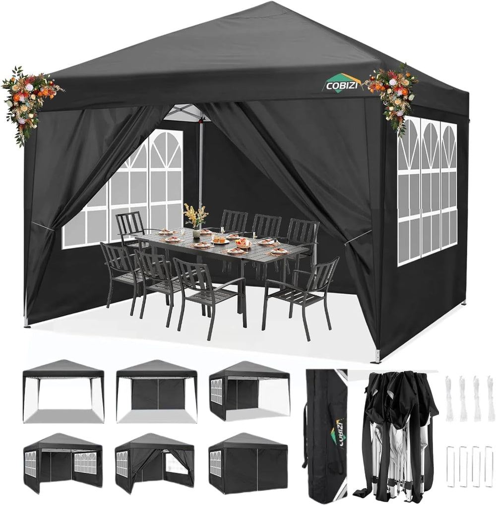 COBIZI 10x10 Pop Up Canopy with 4 Sidewalls, One Push Easy Setup, Black