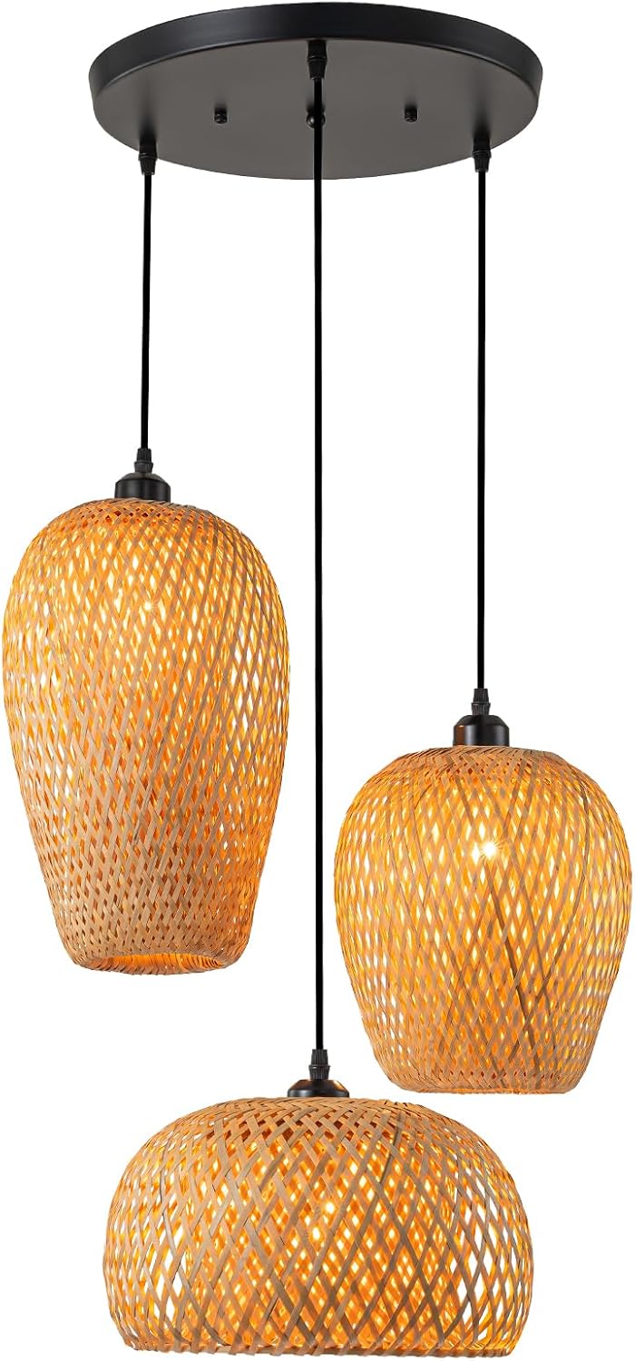 Rattan Pendant Light Bamboo Hanging Light 3-Lights Boho Pendant Light Fixture...