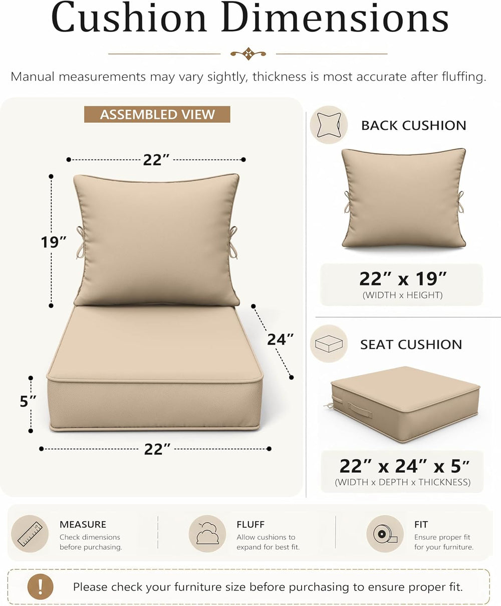 Outdoor Patio Chair Cushions Set 22 L X 24 W X 5 H Waterproof & Fade Resi...
