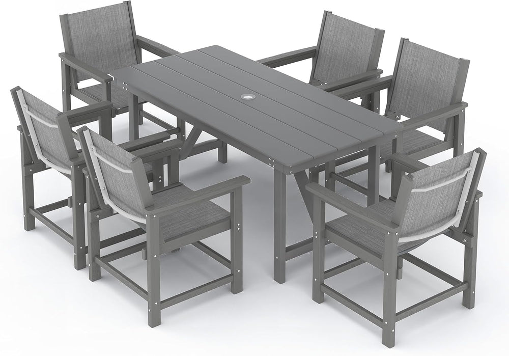 7 Pcs HDPE Outdoor Dining Set for 6 Patio Umbrella Hole Table and Chair Set