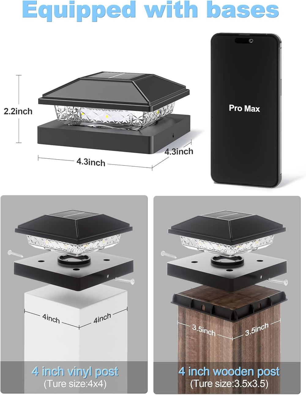 VOLISUN 4x4 Solar Fence - Post Cap Lights 12pack Outdoor Waterproof, Black De...