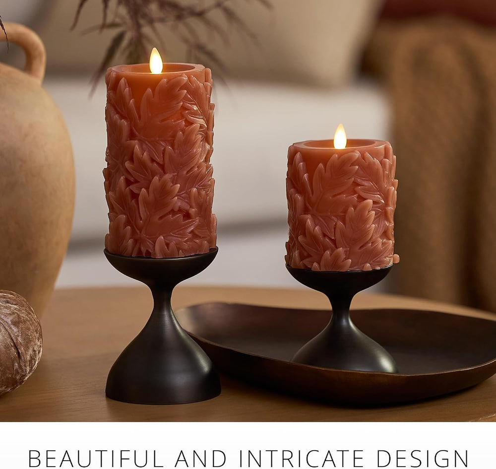 Luminara Flameless Caramel Cafe Embossed Leaves 3.5" x 6.5" Pillar,...