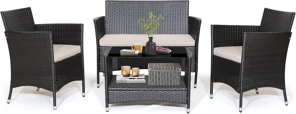 Tangkula 4 Pieces Patio Furniture Set, Patiojoy Outdoor PE Wicker Conversatio...