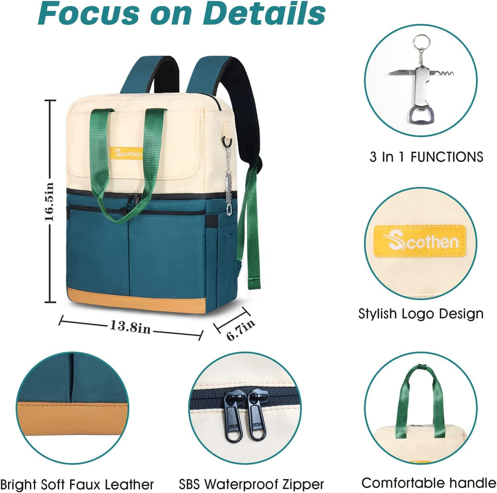 Scothen Backpack Cooler with Double Decker & 12 Ice Packs- Keeps 36 Cans ...