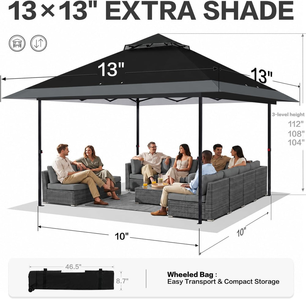 GAFETE 13x13 Outdoor Pop Up Canopy Tent,Auto Extended Eaves, One Push Setup