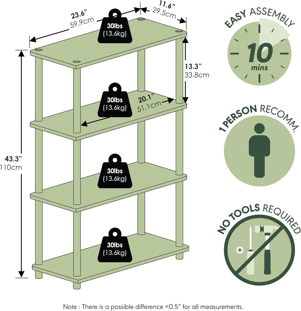 Furinno Turn-N-Tube Storage Shelves, 4-Tier Book Shelf, Corner Shelf, Toolles...