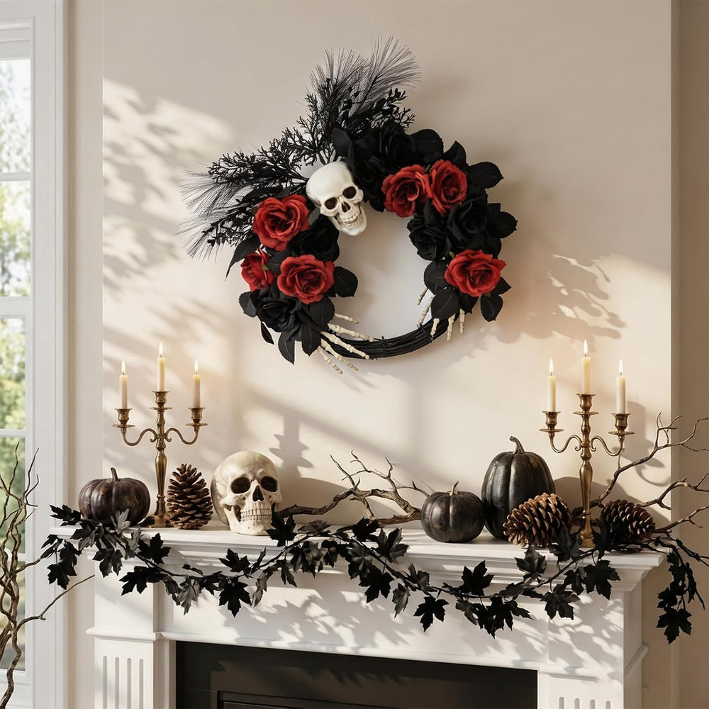18" Halloween Wreaths for Front Door with Skull and Skeleton Hands