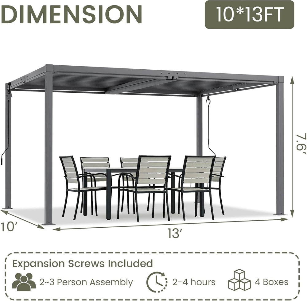 Louvered Pergola 10' x 13', Outdoor Aluminum Pergola, Gray
