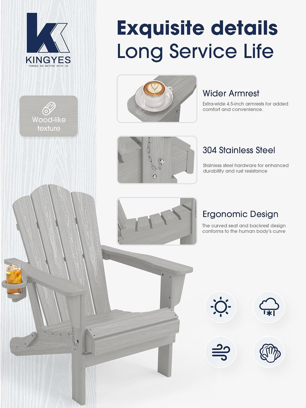 KINGYES Folding Adirondack Chair with Cup Holder, Silver Grey