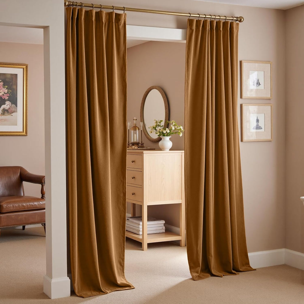 Lazzzy Gold Brown Blackout Velvet Curtains 84 Inch Length Pinch Pleated Therm...