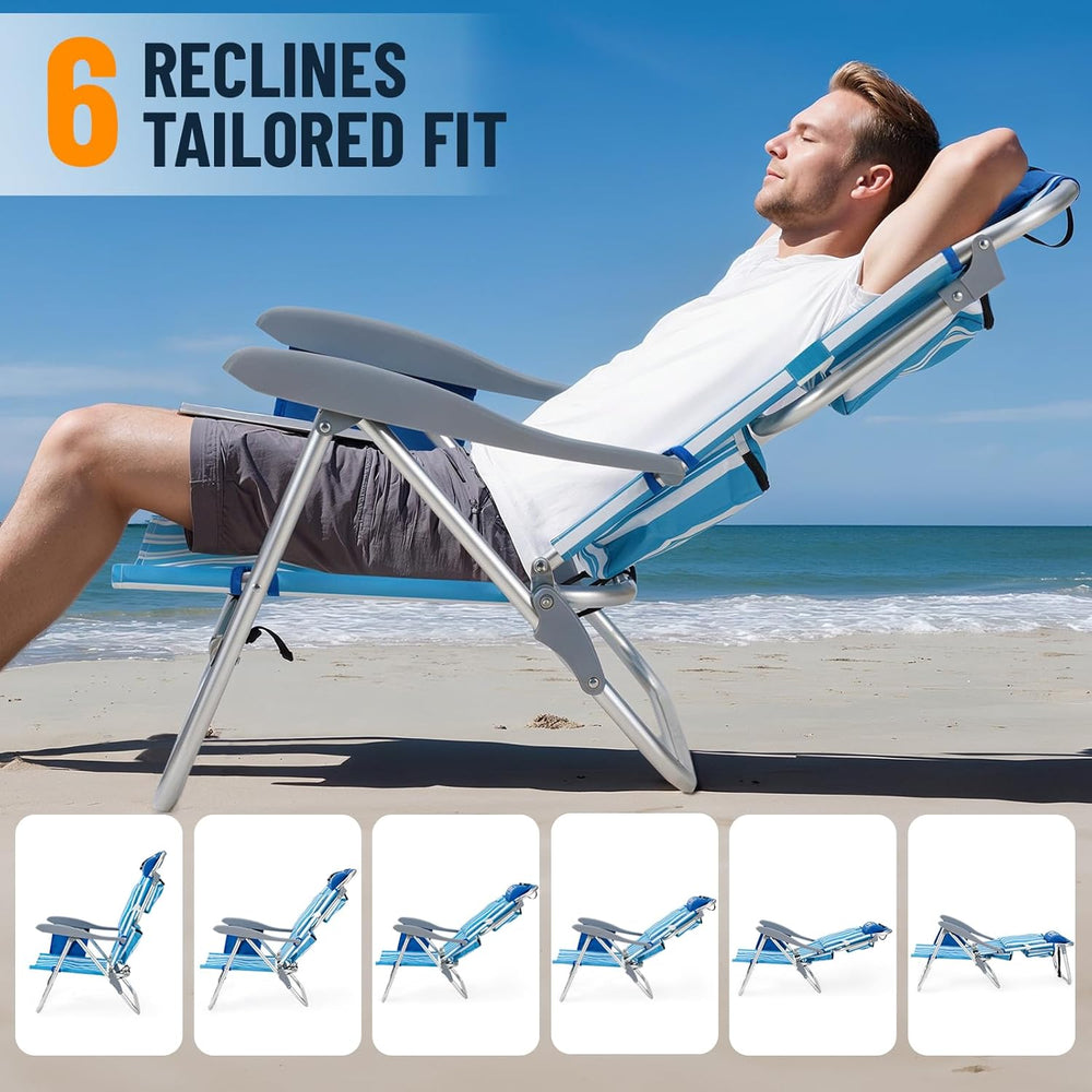 Overmont 2-Pack Low Beach Chairs with Cooler Bags - 6-Position Lay Flat