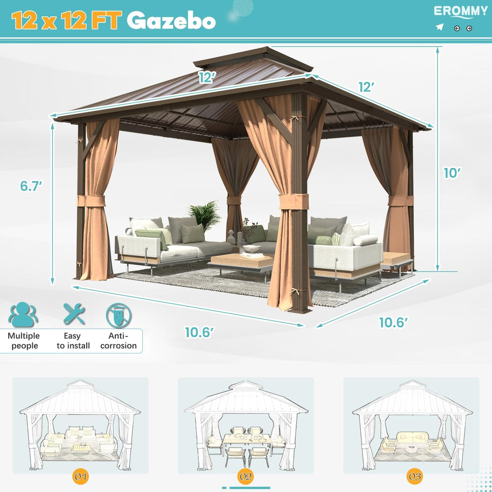 EROMMY 12'x12' Gazebo Hardtop, Galvanized Steel Double Roof Metal Gaz...