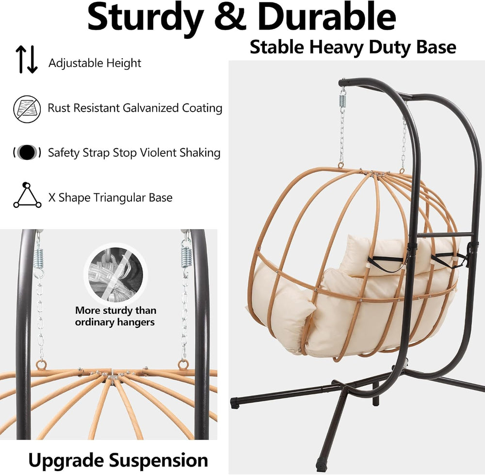 Hanging Chairs with Stand, All Weather Double Egg Chair Outdoor, Metal Hangin...