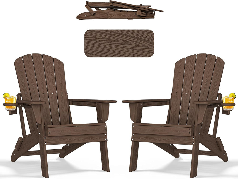 nevilywood Folding Adirondack Chairs Set of 2, HDPE Cup Holders, Coffee
