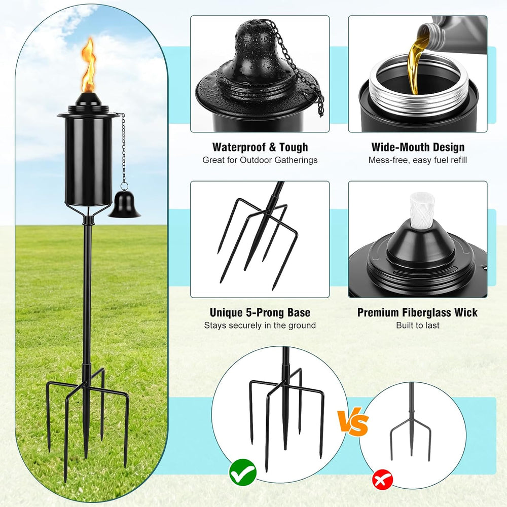 6 Pack Citronella Torches for Outside, 5-Prong Grounded Stake Outdoor Torches...