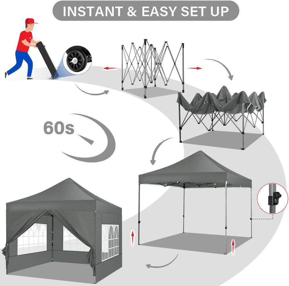 COBIZI 10x10 Pop Up Canopy Tent,Heavy Duty Canopy(Gray with 4 Sidewalls)