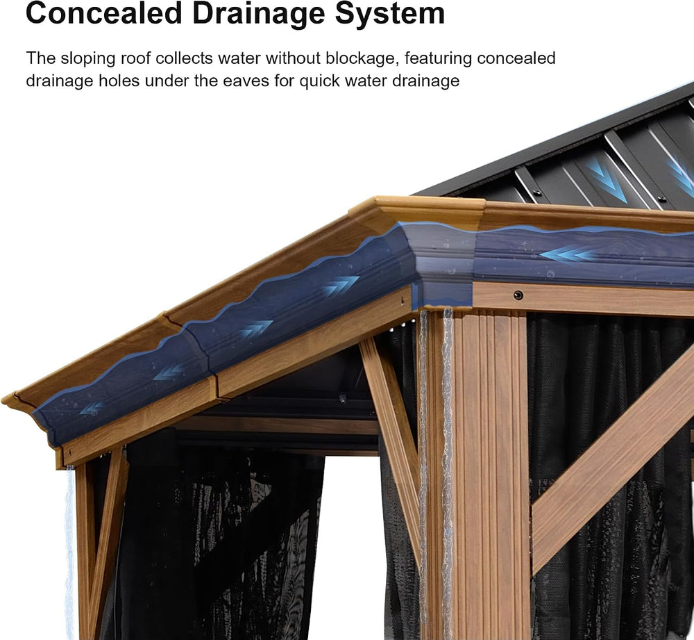 PURPLE LEAF Gazebo 12' x 14' with Drainage System, Wood Grain Frame