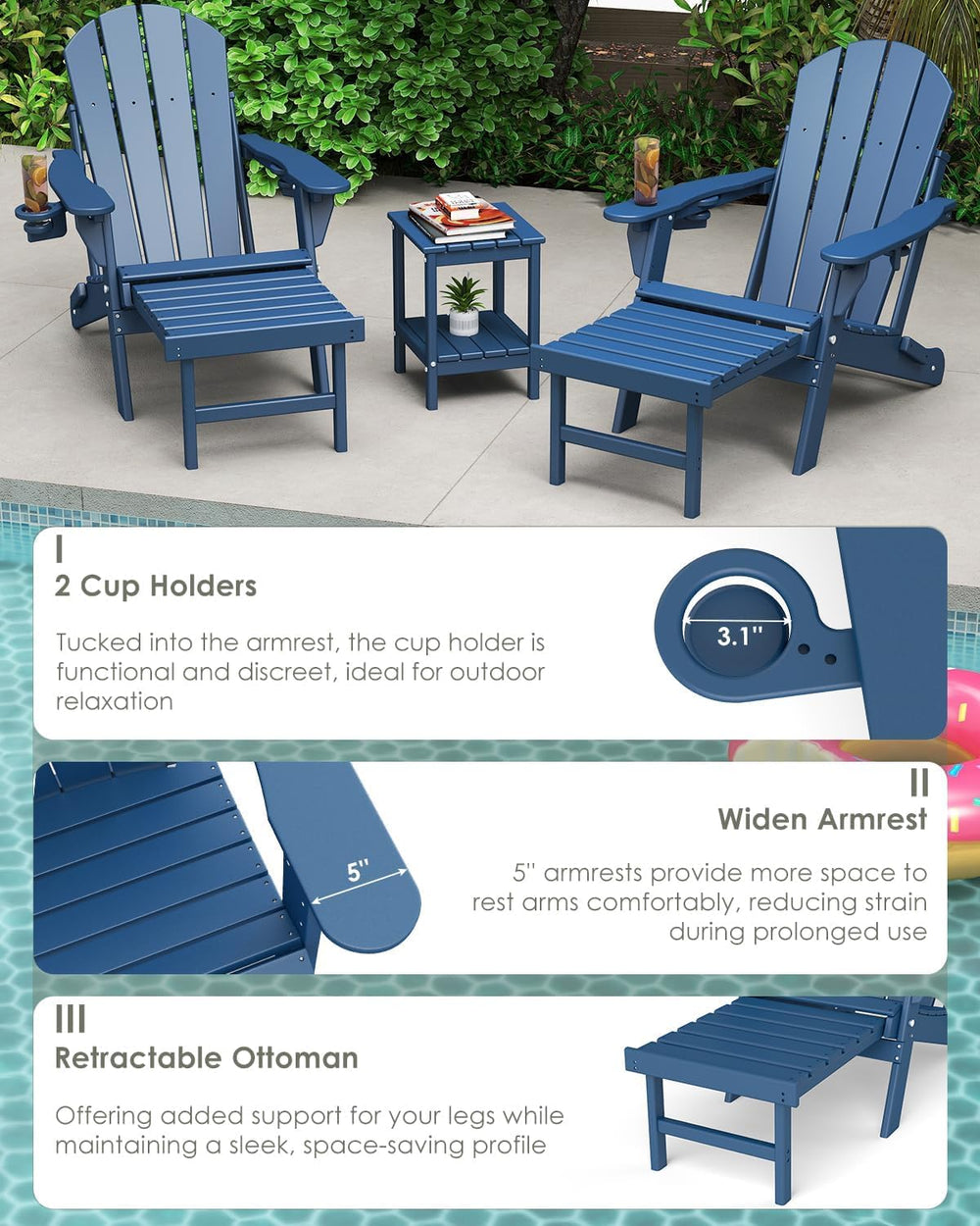GREENVINES Adjustable Adirondack-Chairs-with-Ottoman Set of 4, HDPE, Blue