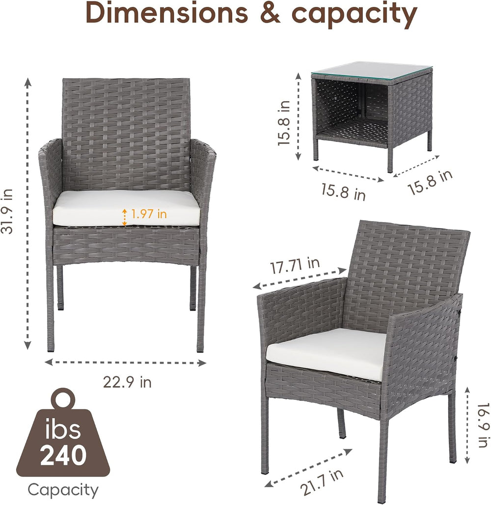 3 Piece Patio Furniture Set, Gray Wicker Chairs with Beige Cushion