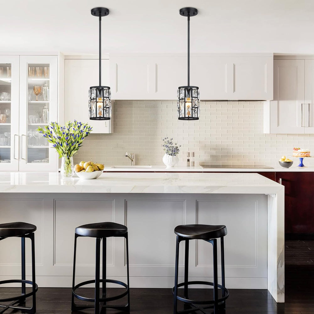 MEXO Modern Crystal Pendant Light Fixture 2-Pack Matte Black Finish Hanging L...