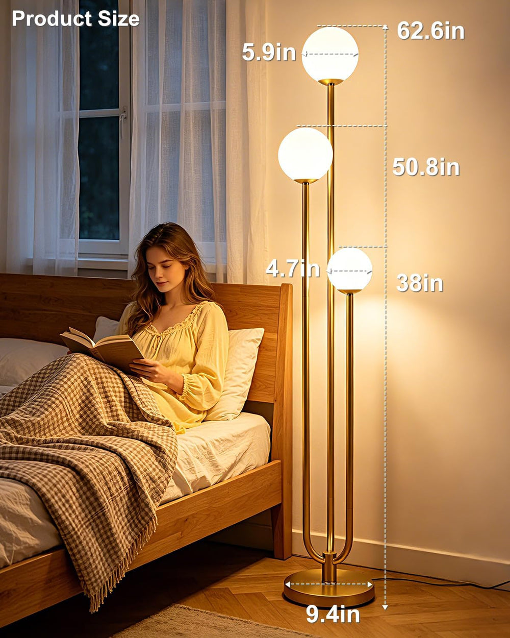 63IN 3-Light Dimmable Floor Lamp, Unique Gold Tall Standing Lamps with 3000K ...