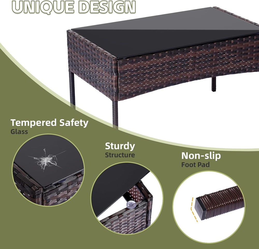 Patio Furniture Set 4 Pieces, Outdoor Rattan Furniture with Tempered Glass Co...