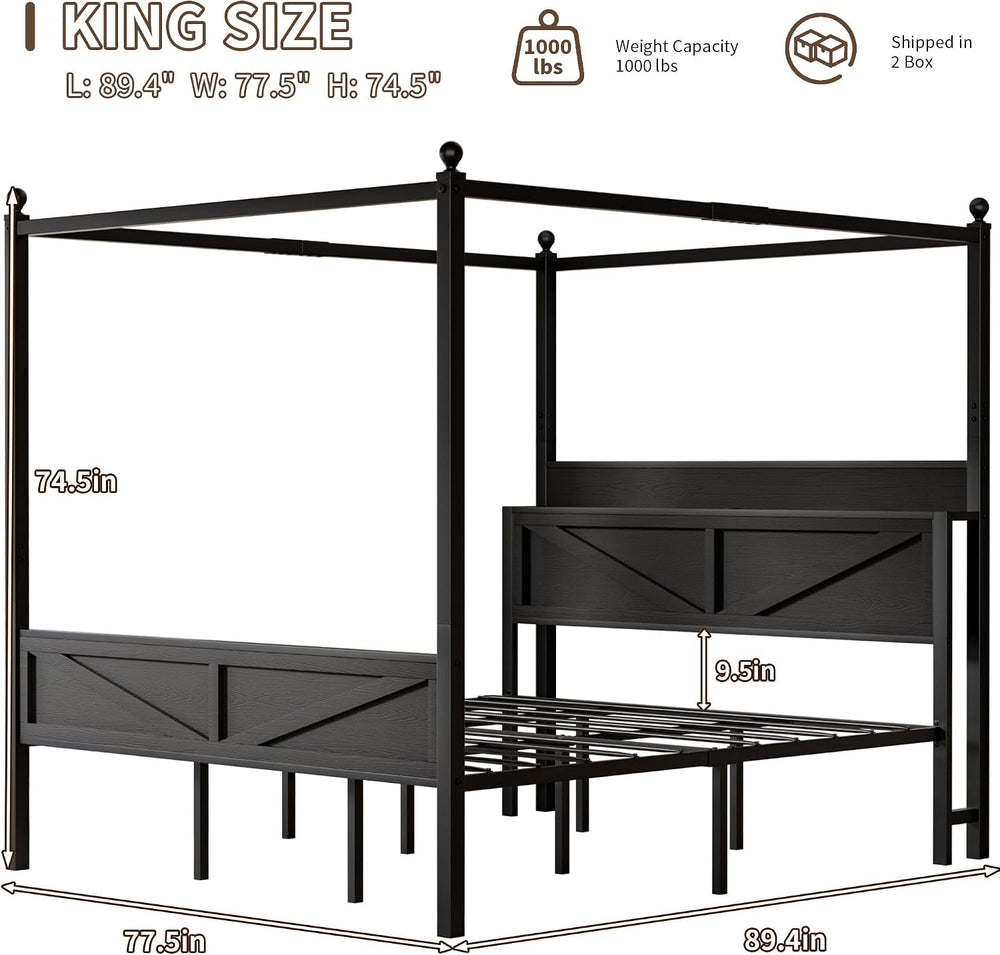 Canopy Bed Frame King Size with Barn Storage Headboard, Black