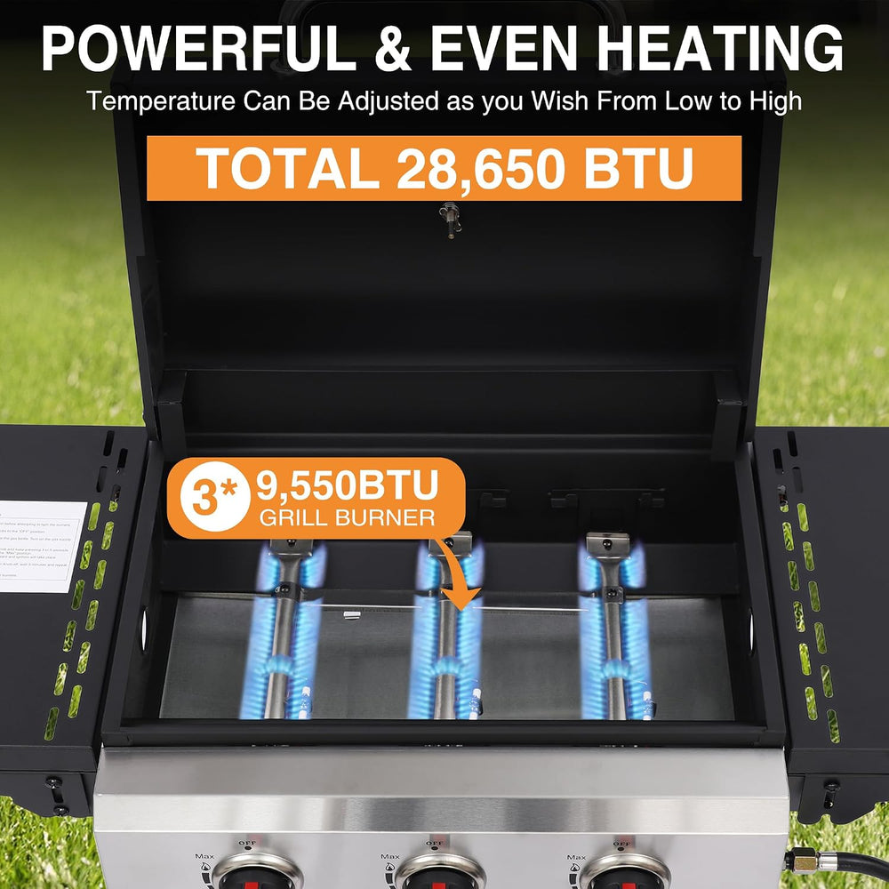 Propane Gas Grill with Folding Side Tables, 3-Burner Gas Grill with Cast Iron...