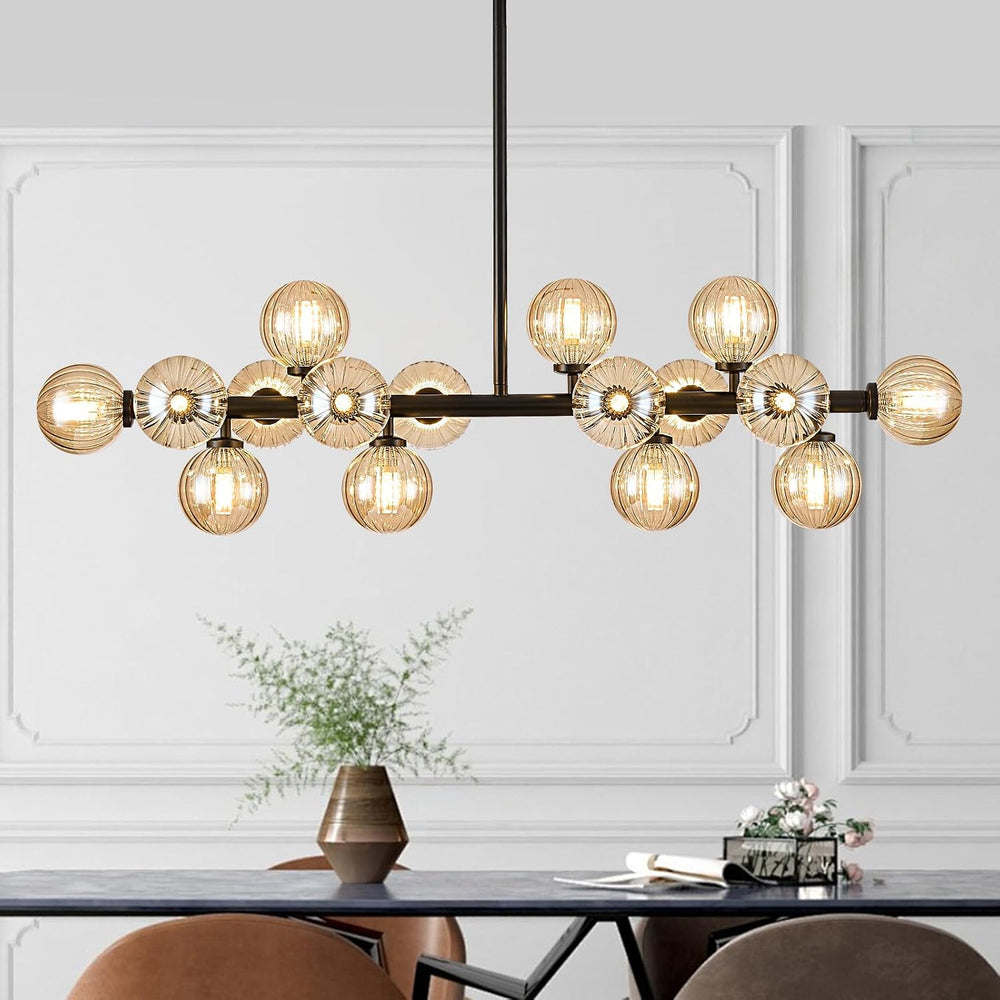 16-Light Glass Globe Sputnik Chandelier, Linear Dining Room Light Fixture Ove...