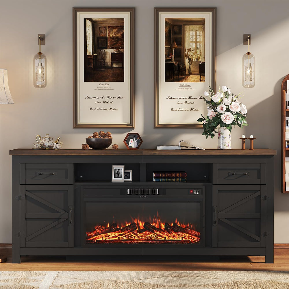 Fireplace TV Stand with Barn Door, 80 inch,Modern Black