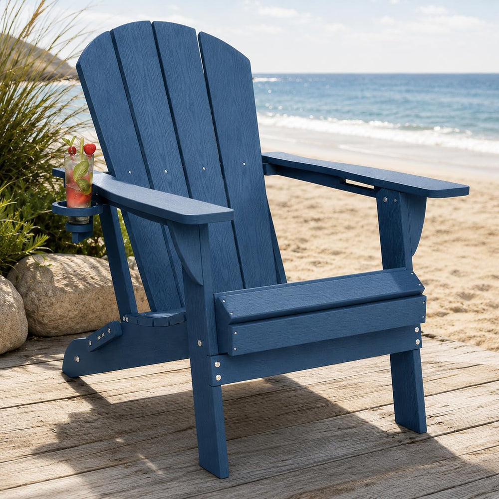 Folding Adirondack Chair with Cup Holder and Phone Holder, Heavy Duty HDPE Pl...