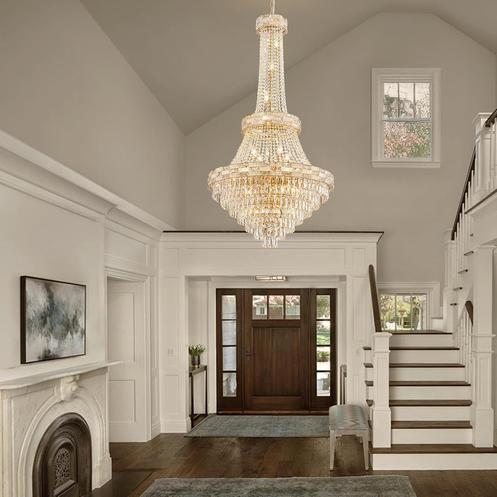 25-Light Gold Crystal Chandelier, 3-Layer High Ceiling Hanging Chandeliers Mo...