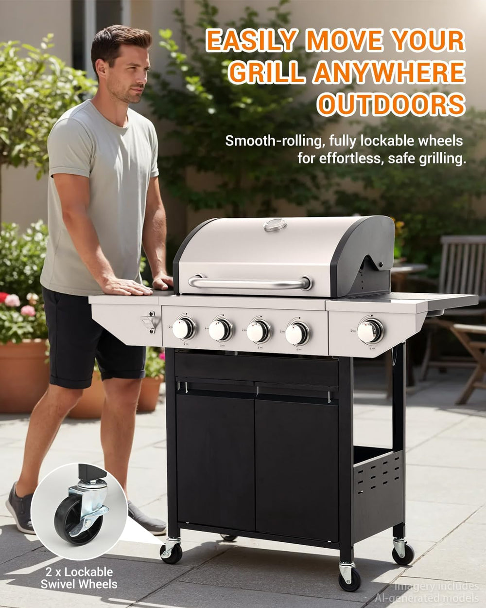 EUHOME 4-Burner Propane Gas BBQ Grill with Side Burner, 46,500 BTU Stainless ...