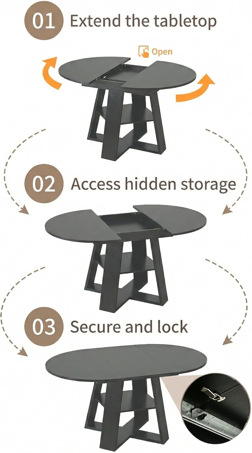 5 Piece Round Extendable Dining Table Set for 4, 43"-59" Black Wood...