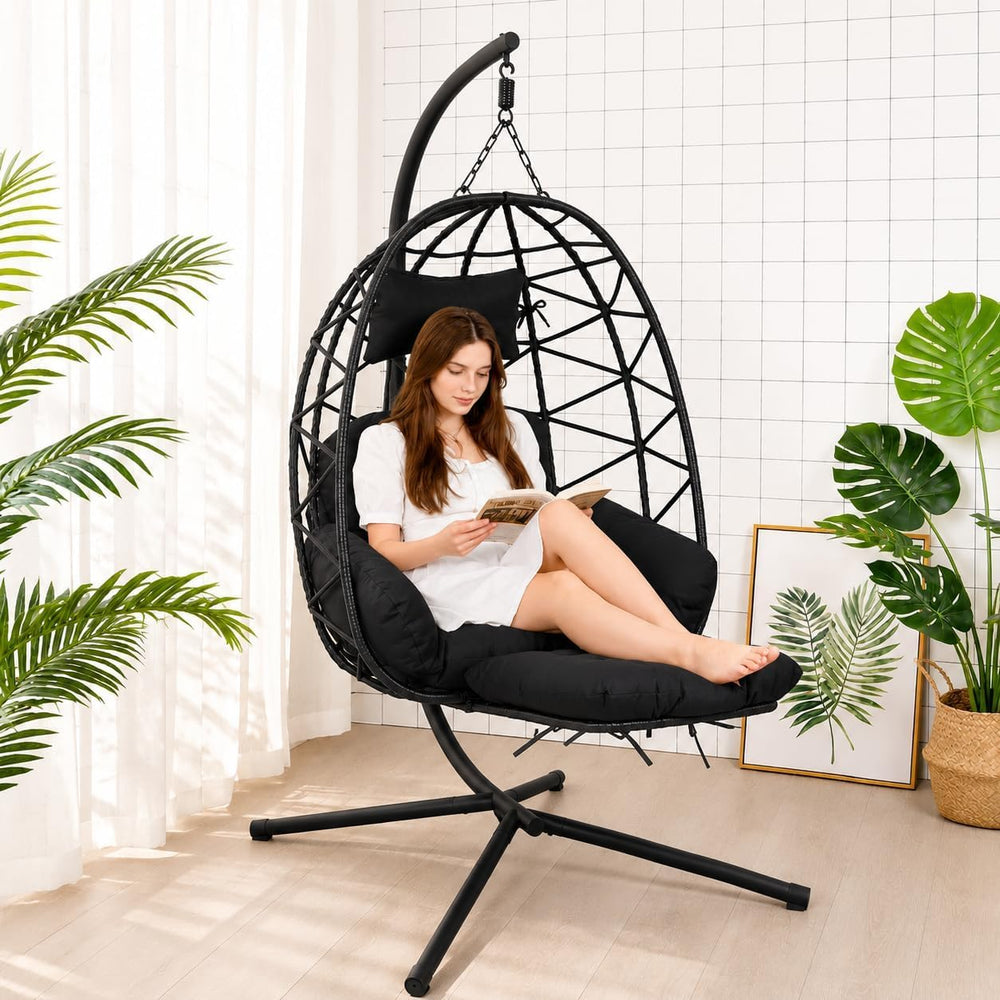 Hanging Egg Chair with Footrest & Stand, Wicker Rattan Swing Hammock Chai...