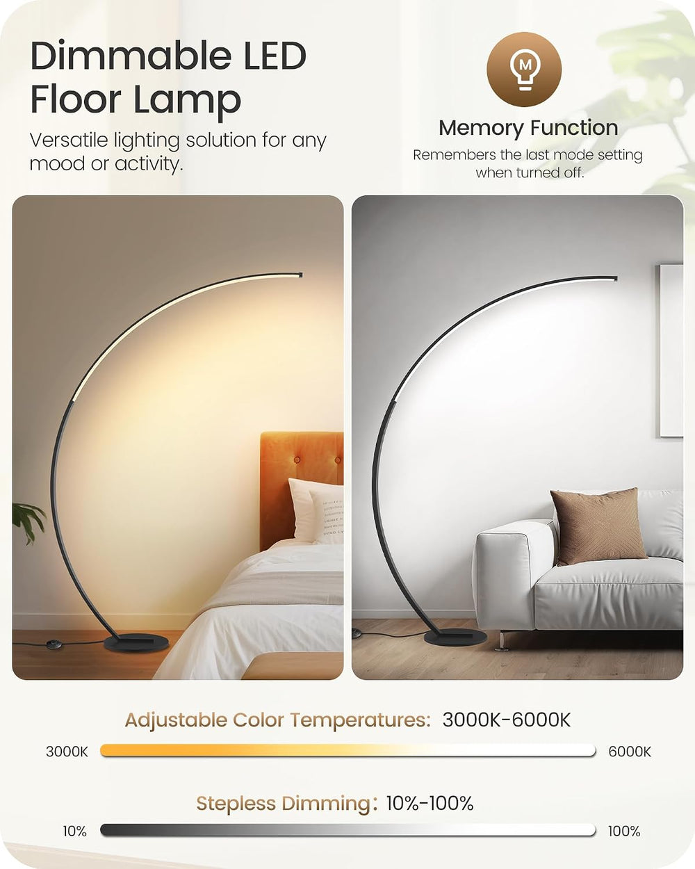 75 inch Dimmable LED Arc Floor Lamp for Living Room with Foot and Remote Cont...