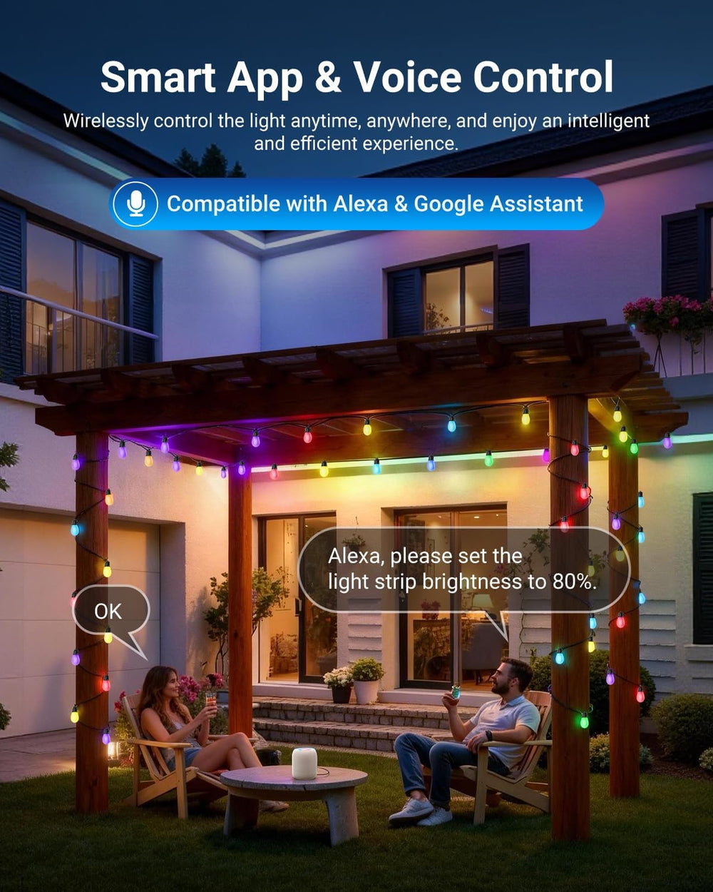 NEEWER 96ft Outdoor String Lights, App Control Smart AI RGB IC W Hanging Outs...
