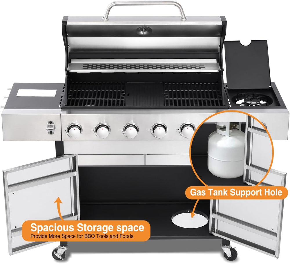 6 Burner Propane Gas Grill with Side Burner, Cast Iron Grates & Griddle C...