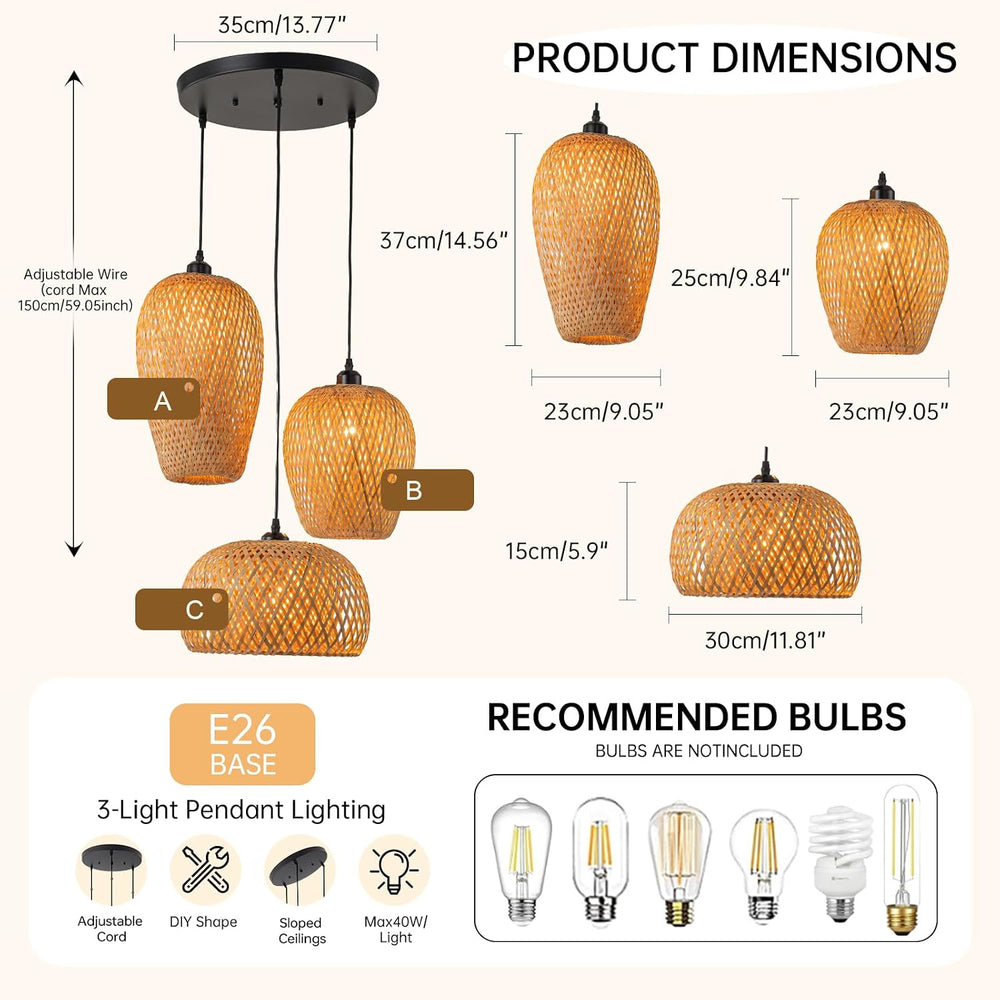 Rattan Pendant Light Bamboo Hanging Light 3-Lights Boho Pendant Light Fixture...