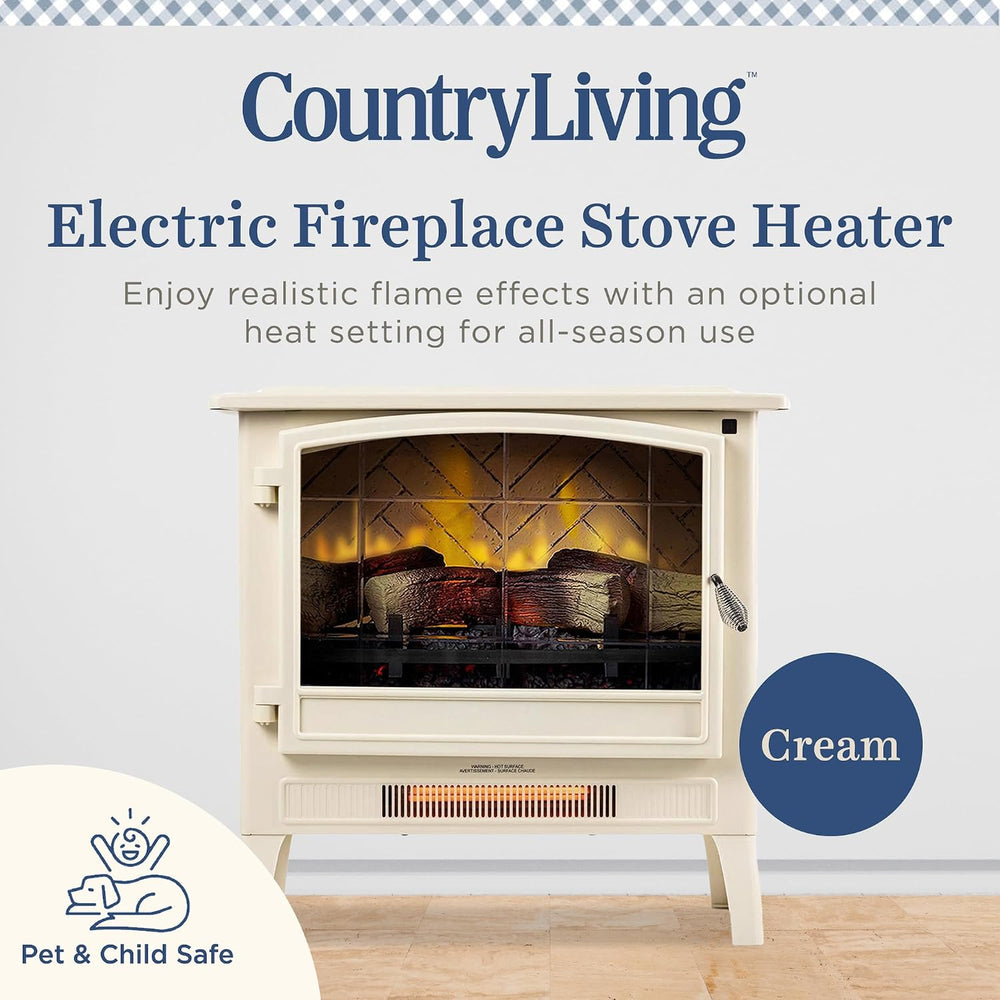 Country Living Infrared Freestanding Electric Fireplace Stove Heater in Cream...