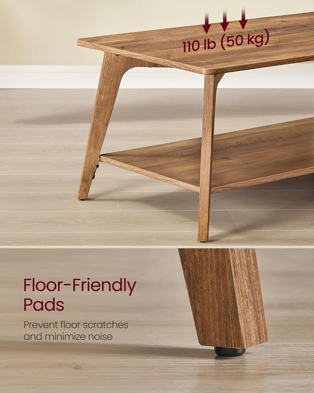 VASAGLE Coffee Table, 2-Tier Center Table with Storage, Tapered Legs