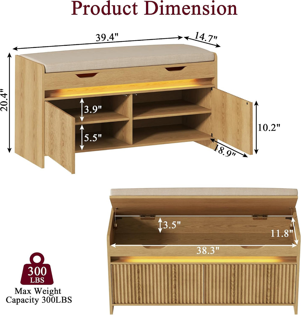 HOMEFORT Shoe Storage Bench, Modern Entryway Bench with Fluted Doors & Bu...