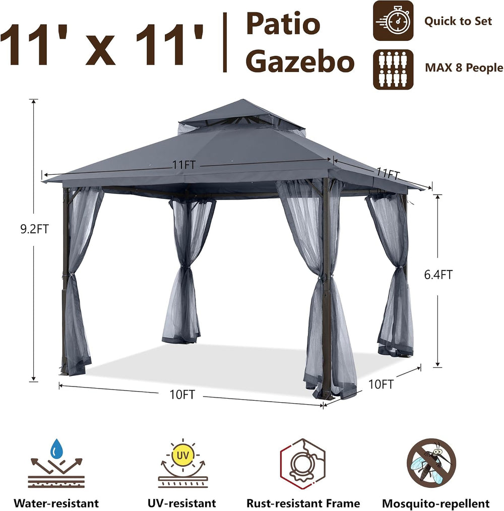 MASTERCANOPY 11x11 ft Stable Patio Gazebo with Netting Walls, Dark Gray