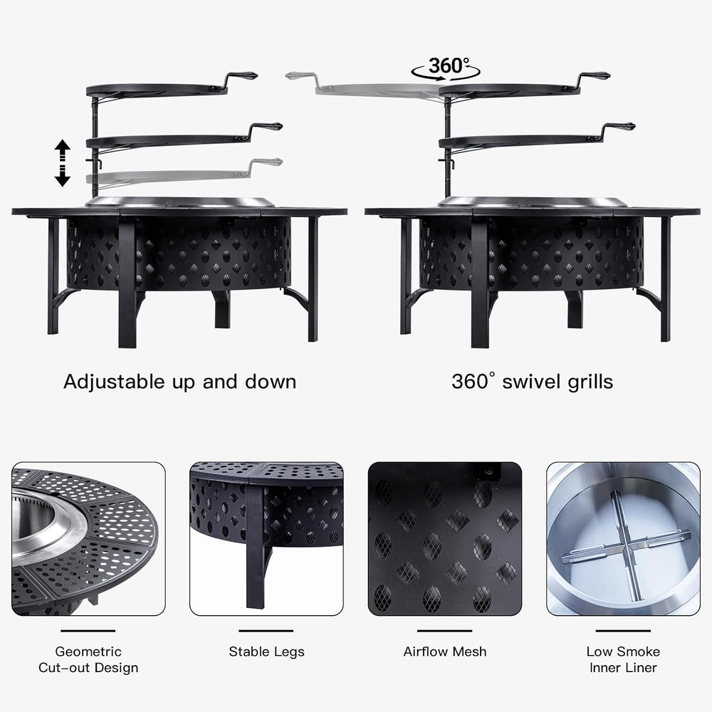 OutVue 42 Inch Smokeless Fire Pit with 2 Grills, Large Firepits for Outside