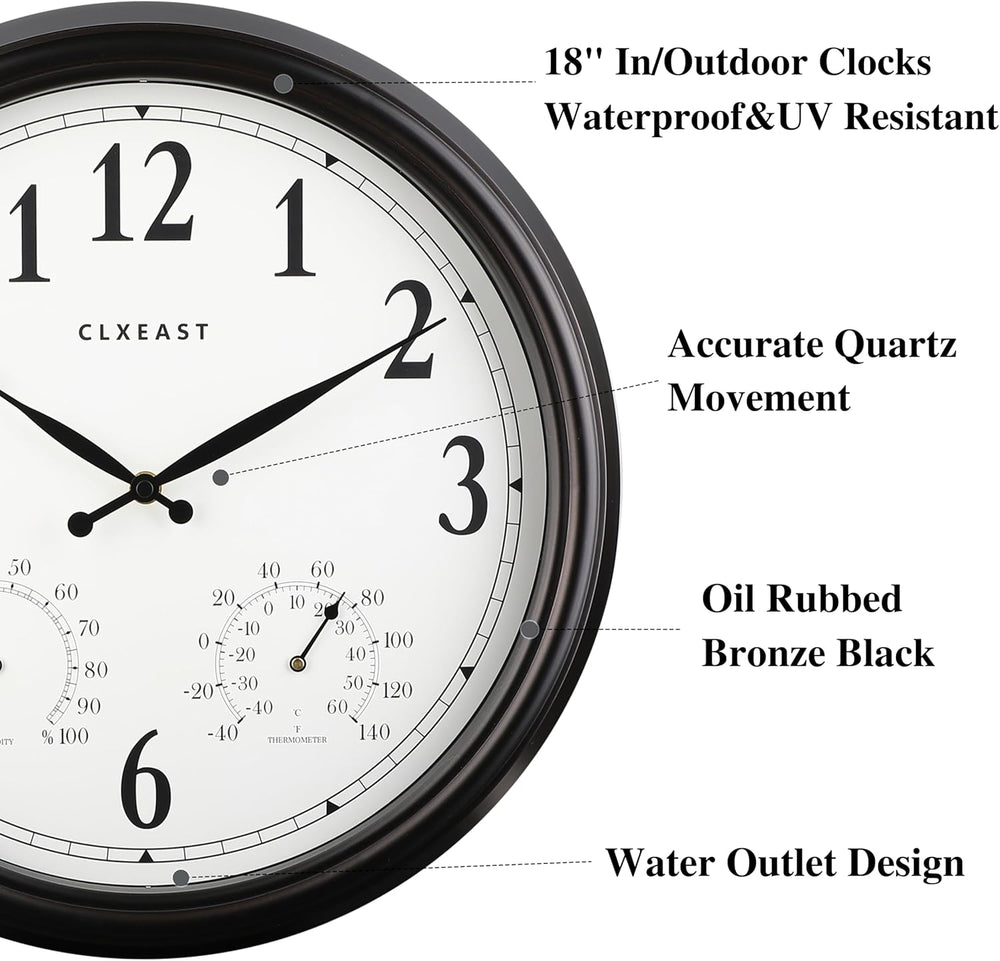CLXEAST 18 Inch Outdoor Clocks for Patio Waterproof & UV Resistant, Black