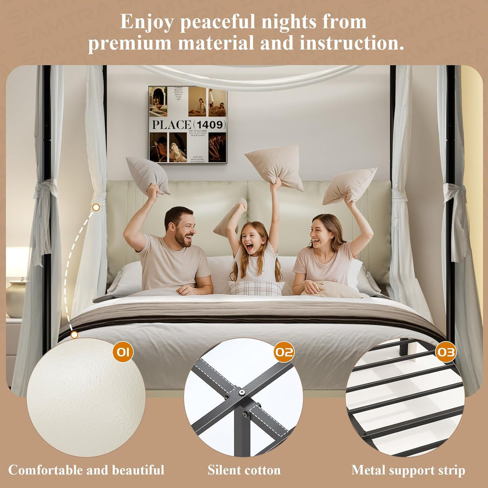 King Canopy Bed Frame with Tall Upholstered Faux Leather Headboard