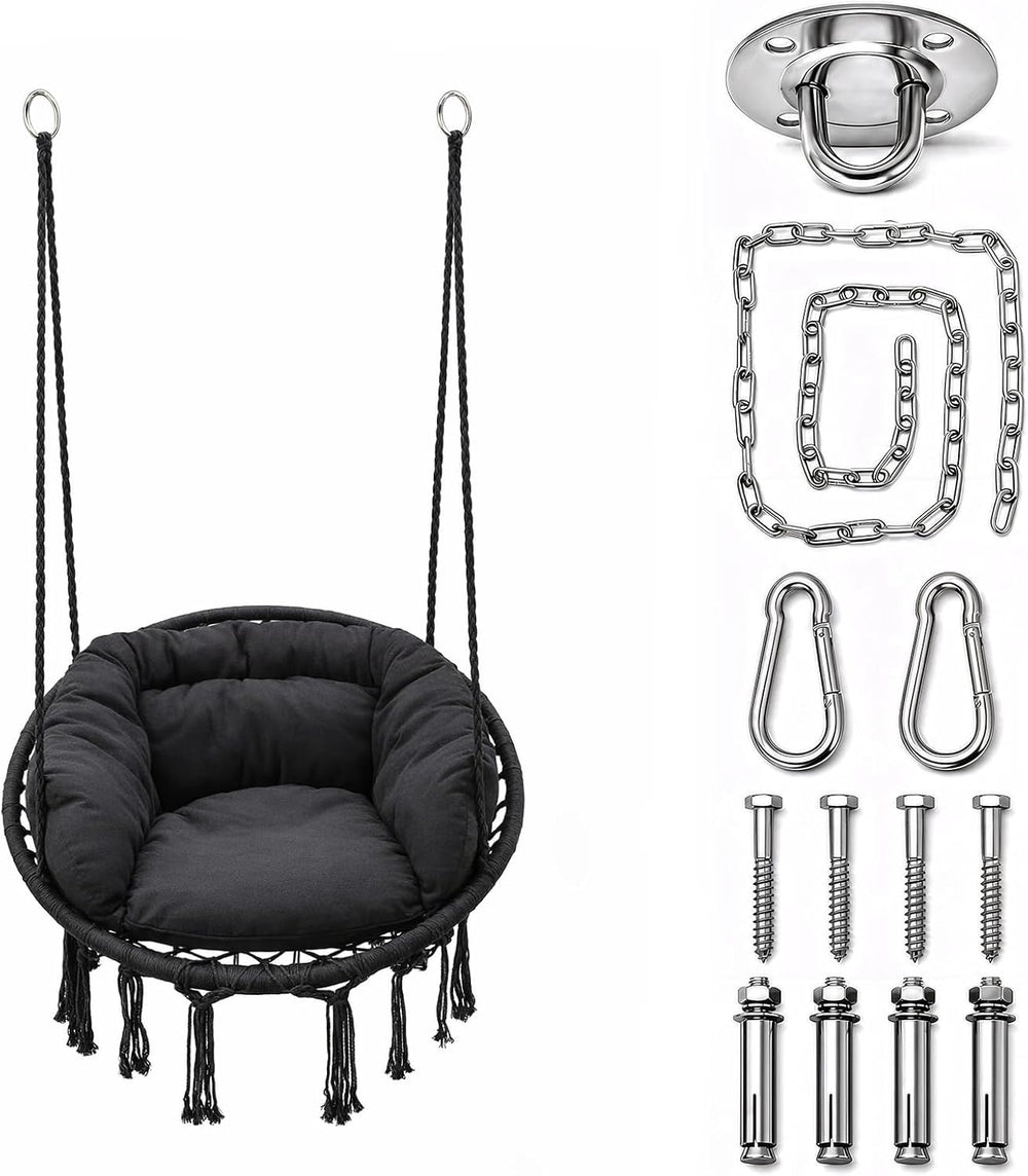 Athena Collection Hammock Chair with Hardware Kit & Cozy Cushion, Black