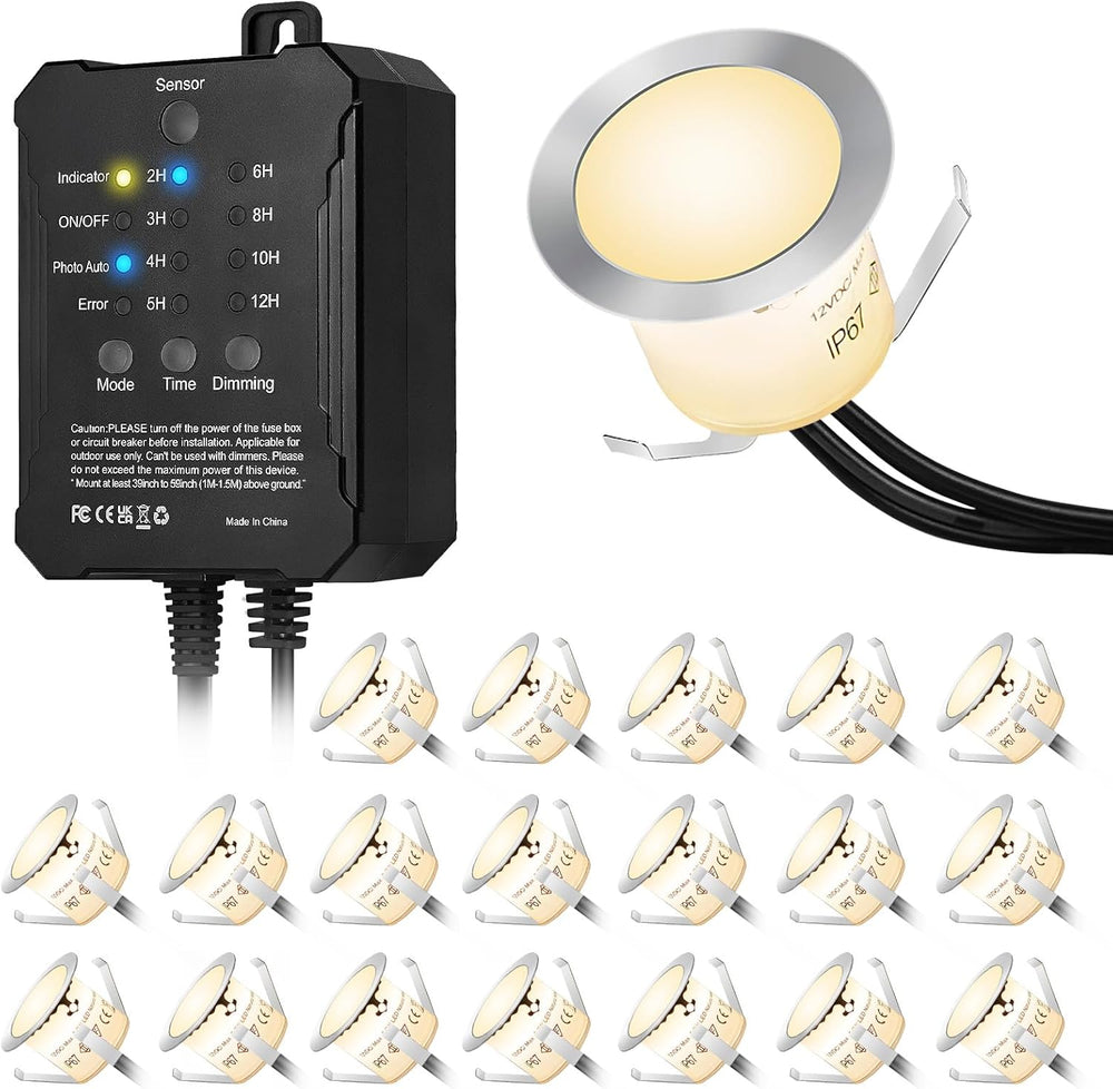 20 Pack Dimmable Recessed Deck Stair Lighting All-in-one with Timer Photocell...